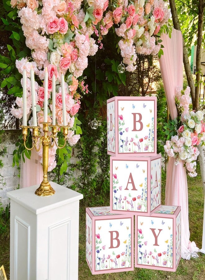 Teeloray Wildflower Baby Decorations for Girl - Floral Baby Boxes with Letters, 4pcs Balloon Boxes, Blocks for Gender Reveal, Birthday Party Backdrop, Centerpieces - Pink - Image 2